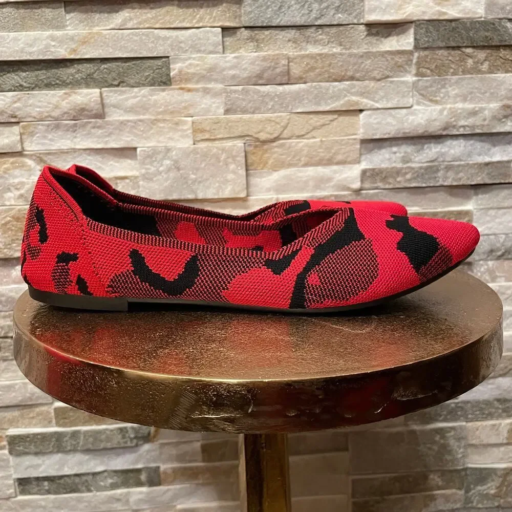 BABUDOG Red Camo Knit Travel Flats EU 40 | Foldable Point Toe Lightweight Shoes